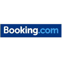 A blue and white logo for booking. Com