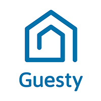 A blue and white logo of a house with the word guesty underneath it.
