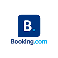 A blue and white logo for booking. Com