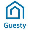 A blue and white logo of guesty