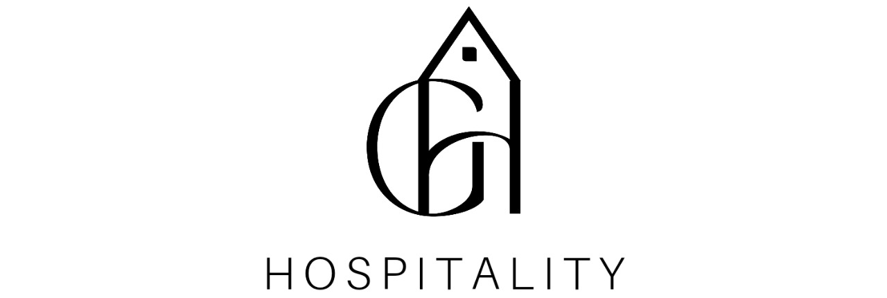 A black and white logo of the word hospitality.